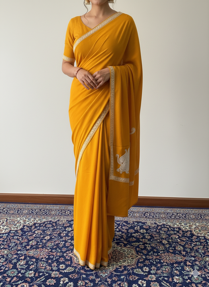 Omang Mustard Crepe Saree with Kashmiri Tilla Embroidery