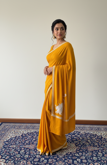 Omang Mustard Crepe Saree with Kashmiri Tilla Embroidery