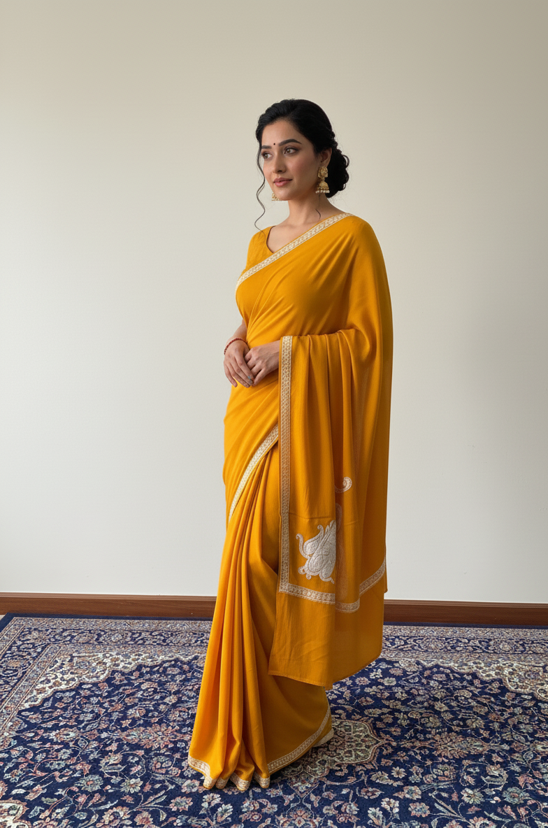 Omang Mustard Crepe Saree with Kashmiri Tilla Embroidery