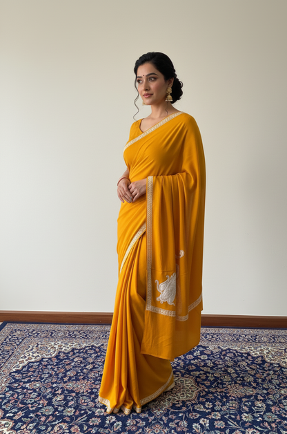 Omang Mustard Crepe Saree with Kashmiri Tilla Embroidery