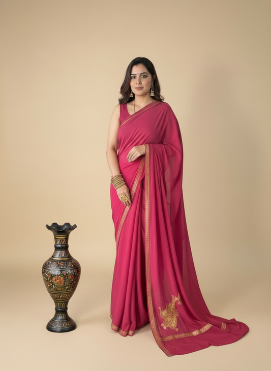 Omang Pink Crepe Saree with Kashmiri Tilla Embroidery