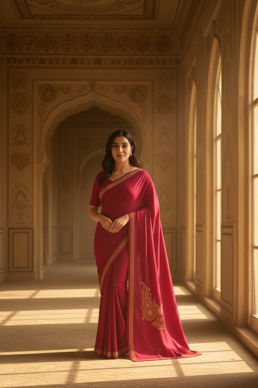 Omang Pink Crepe Saree with Kashmiri Tilla Embroidery