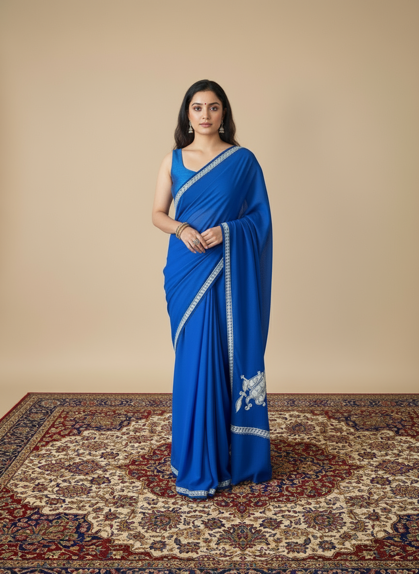 Omang Blue Crepe Saree with Kashmiri Tilla Embroidery