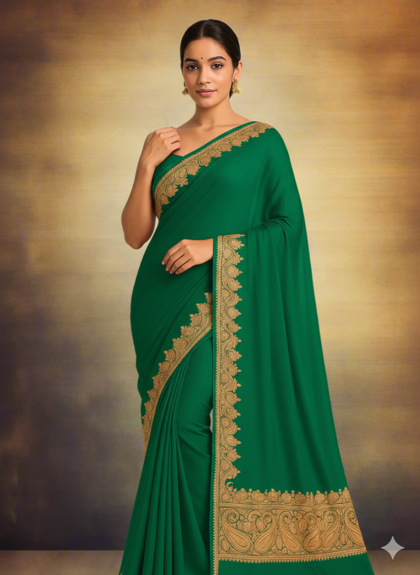 Nayna Sea Green Crepe Tilla Saree with Kasmiri Tilla Embroidery