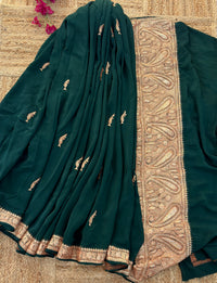 Mahren Green Crepe Saree With Kashmiri Tilla Embroidery
