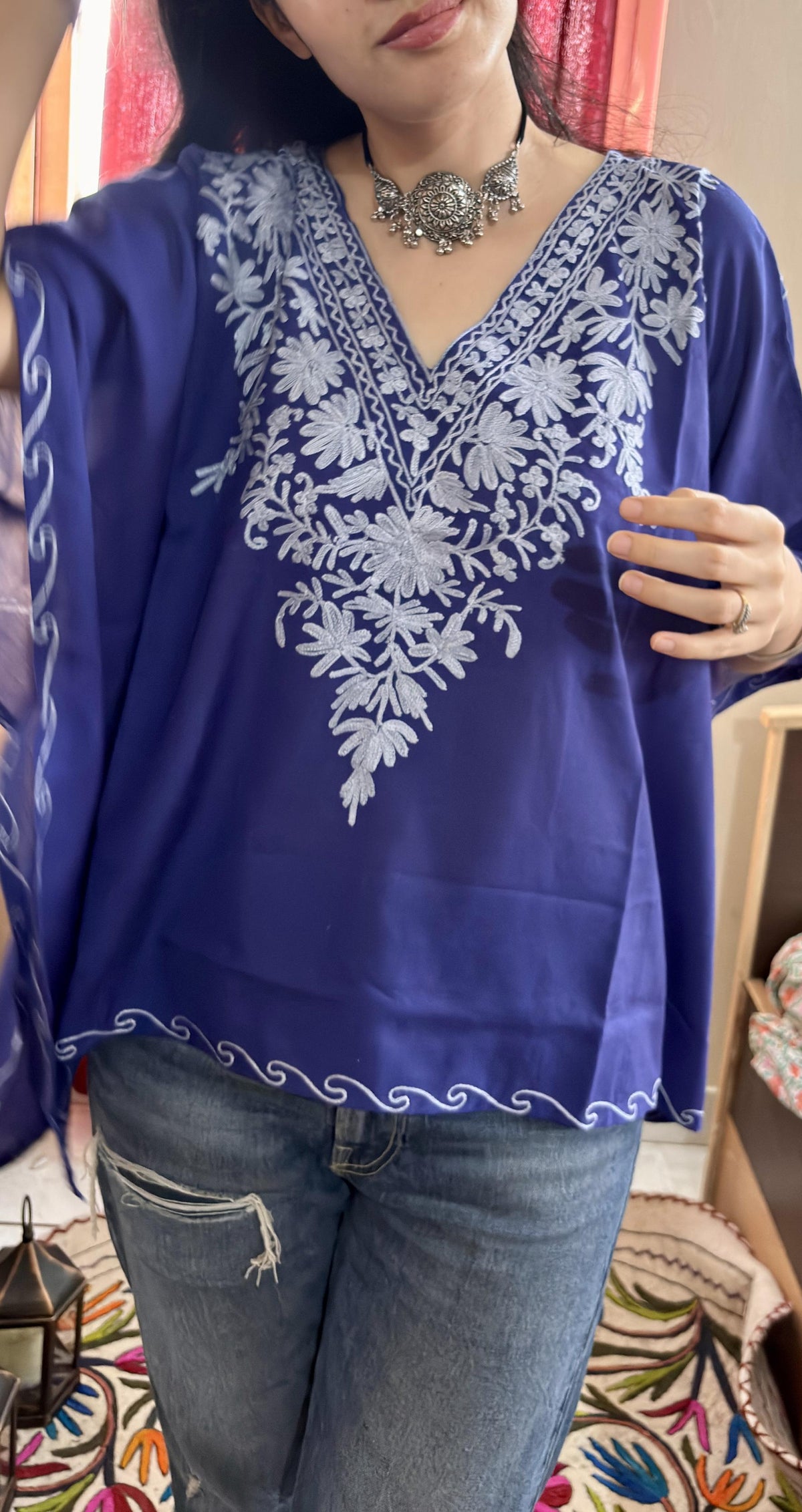 Lailaa Blue Mini Kaftan Top with Grey Aari Embroidery
