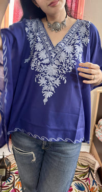 Lailaa Blue Mini Kaftan Top with Grey Aari Embroidery