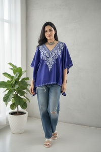 Lailaa Blue Mini Kaftan Top with Grey Aari Embroidery