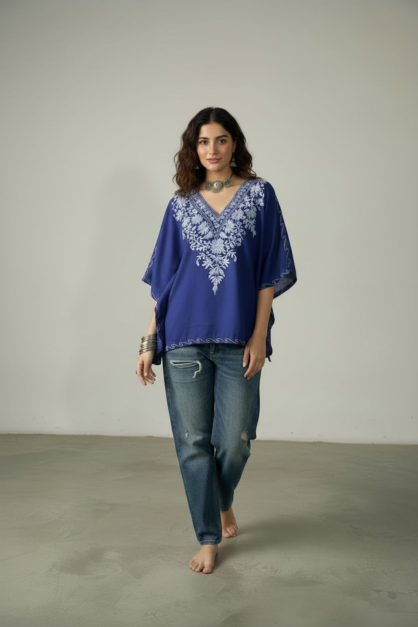 Lailaa Blue Mini Kaftan Top with Grey Aari Embroidery