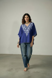 Lailaa Blue Mini Kaftan Top with Grey Aari Embroidery