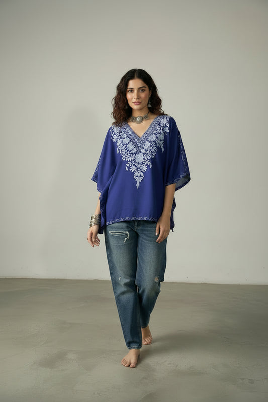 Lailaa Blue Mini Kaftan Top with Grey Aari Embroidery