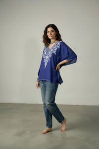 Lailaa Blue Mini Kaftan Top with Grey Aari Embroidery