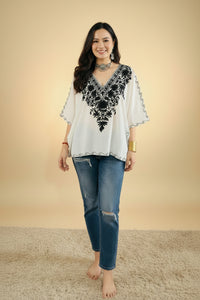 Lailaa White Mini Kaftan Top with Black Aari Embroidery