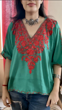 Lailaa Green Mini Kaftan Top with Red Aari Embroidery