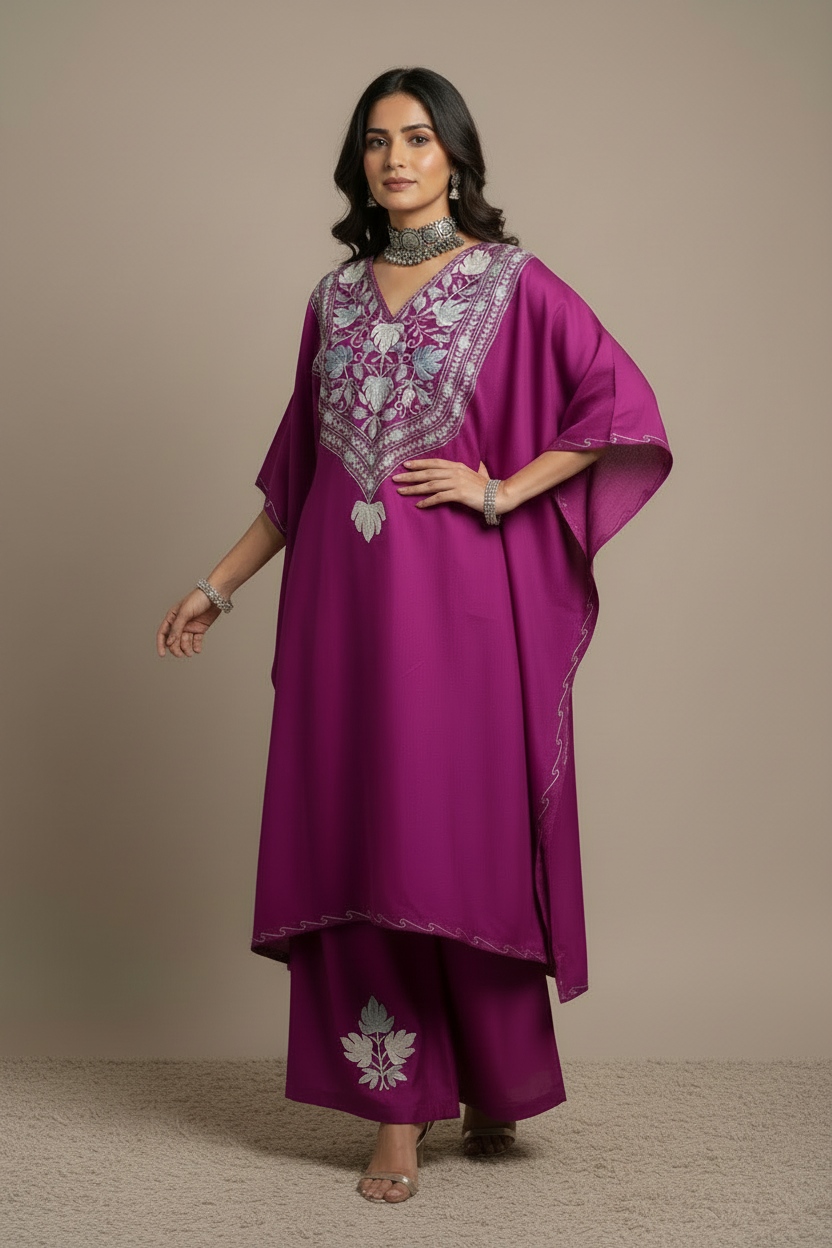 Heer Purple Long Aari Work Kaftan Set