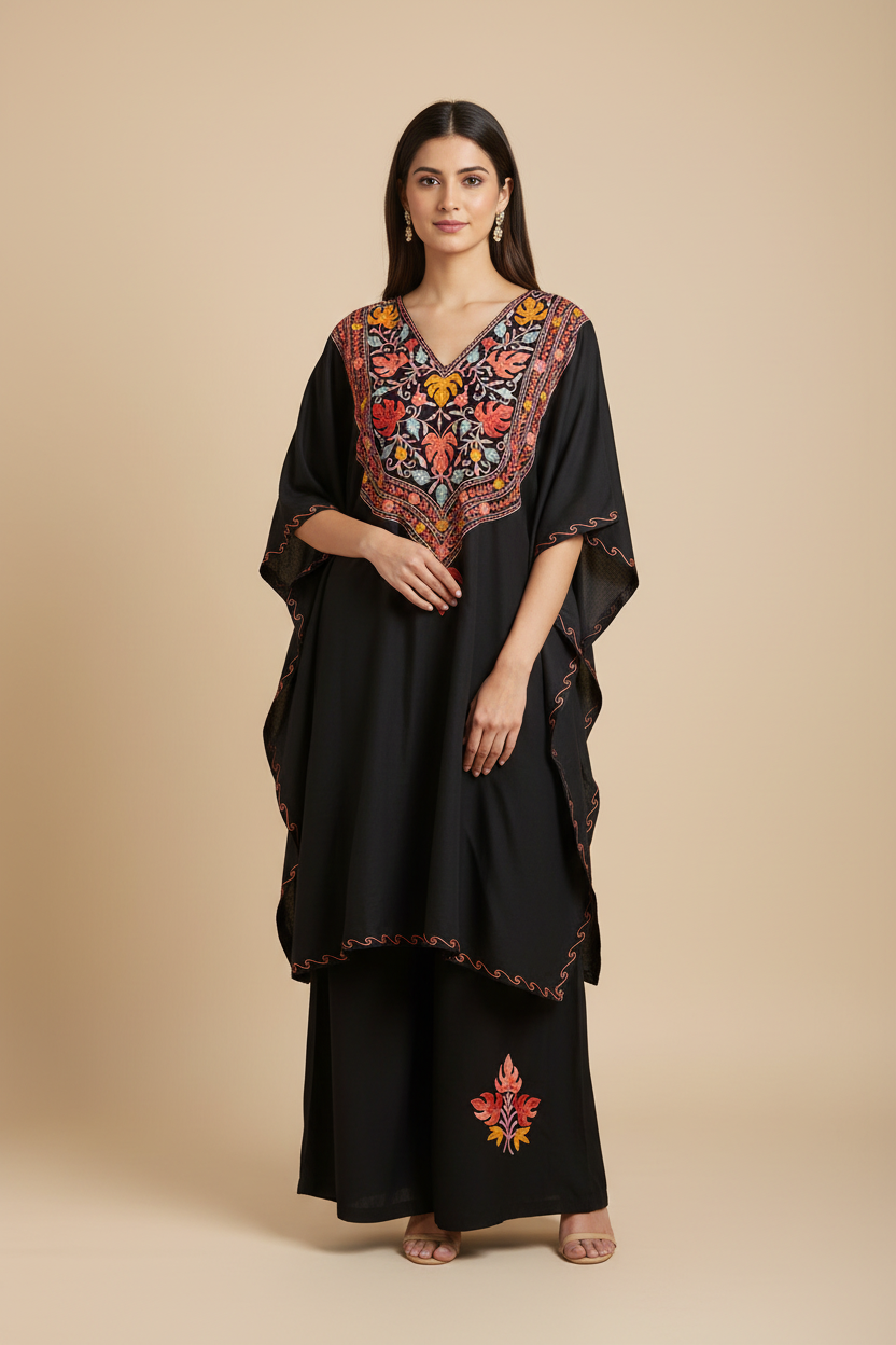 Heer Black Long Multi color Aari Work Kaftan Set