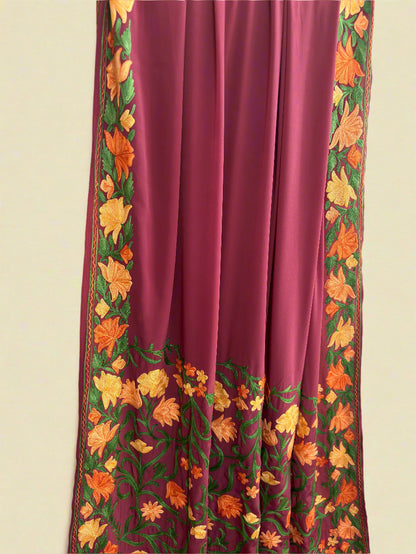 Posh Wine Crepe Saree with Kashmiri Aari Embroidery