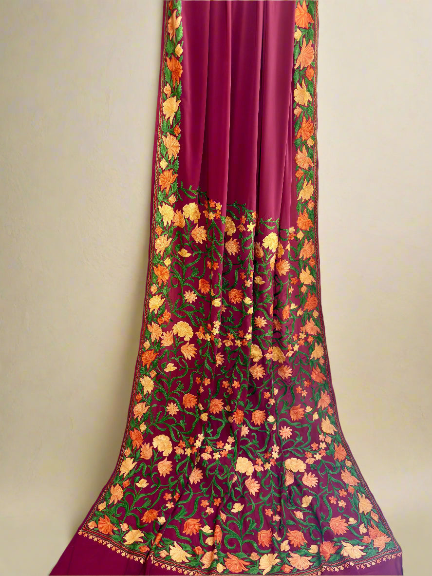 Posh Wine Crepe Saree with Kashmiri Aari Embroidery