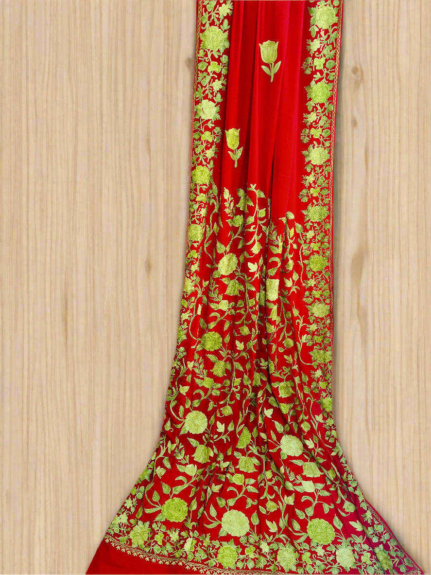 Posh Red Crepe Georgette Saree with Kashmiri Aari Embroidery