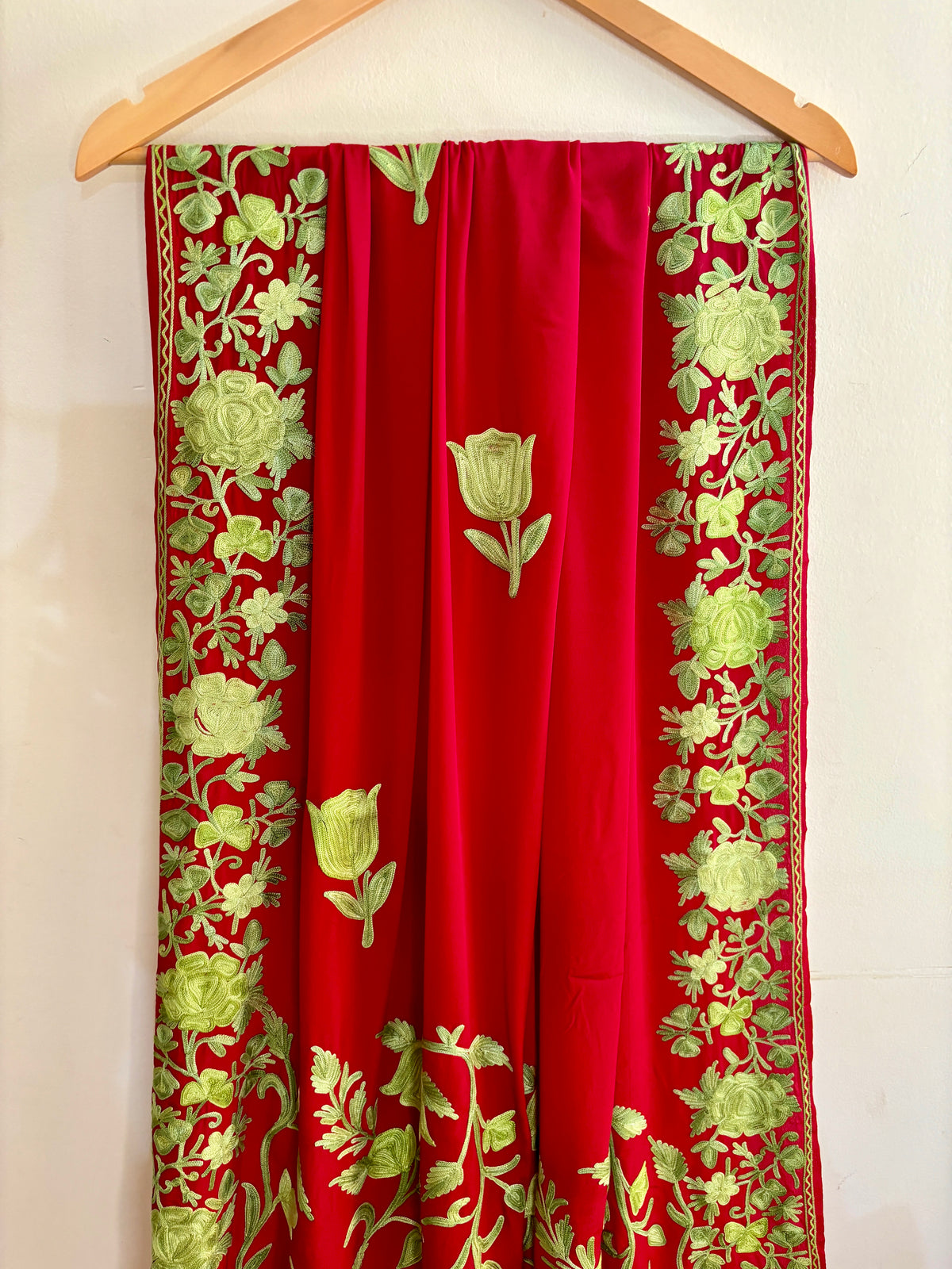 Posh Red Crepe Georgette Saree with Kashmiri Aari Embroidery