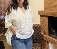 Lailaa White Mini Kaftan Top with White Aari Embroidery