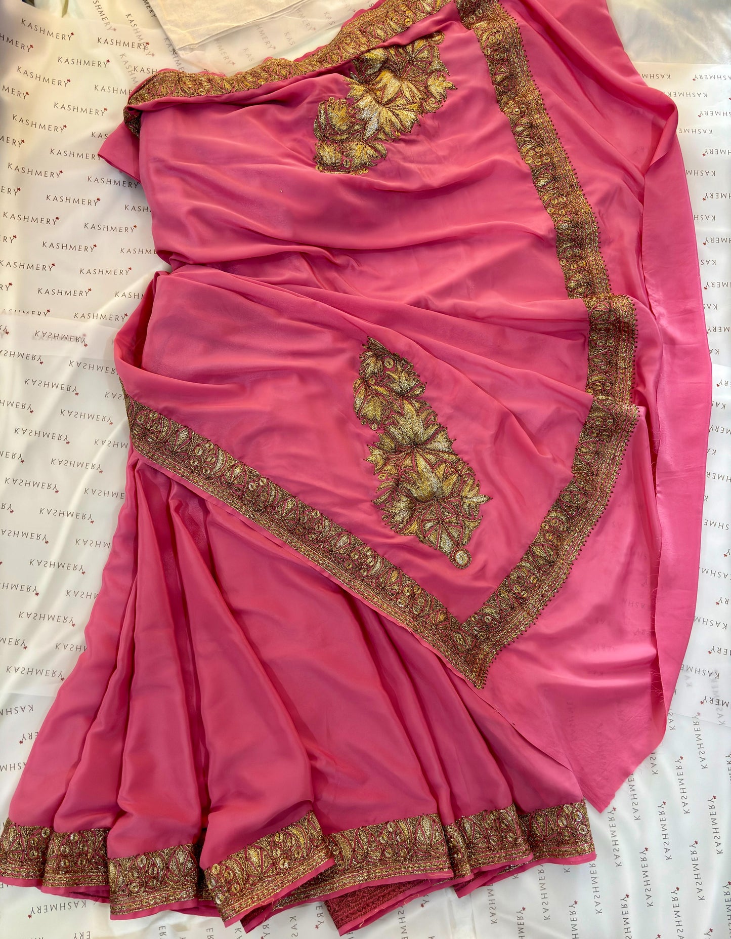 Mahren Pastel Noon Chai Pink  Crepe Saree With Kashmiri Tilla Embroidery