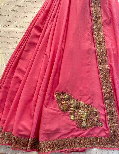 Mahren Pastel Noon Chai Pink  Crepe Saree With Kashmiri Tilla Embroidery