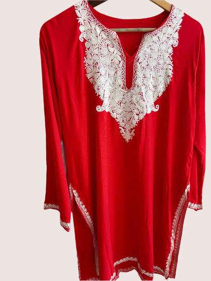 Summer Posh Red Aari Kurta with bell Sleeves