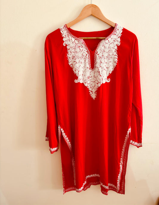 Summer Posh Red Aari Kurta with bell Sleeves