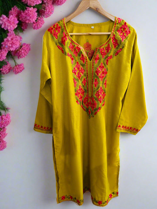 Summer Posh Mustard Green Aari Kurta
