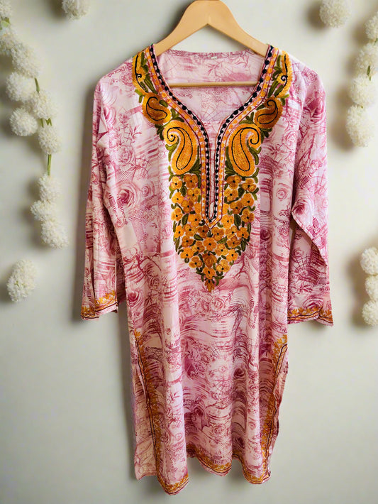 Summer Posh Floral Pink Kurti with Multicolour Aari Kurta
