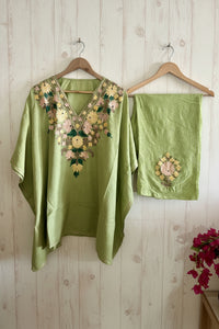 Lailaa Pista Green  Kaftan Set with Multi Aari Embroidery
