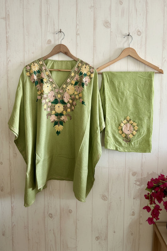 Lailaa Pista Green  Kaftan Set with Multi Aari Embroidery