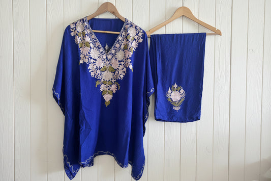 Lailaa Navy Blue  Kaftan Set with Multi Aari Embroidery