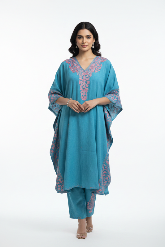 Lailaa Ferozi Blue Side Jal Kaftan Set with Multi Aari Embroidery