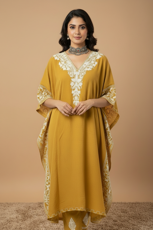 Lailaa Mustard Side Jal Kaftan Set with Multi Aari Embroidery