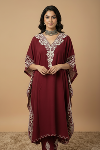 Lailaa Maroon Side Jal Kaftan Set with Multi Aari Embroidery