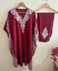 Lailaa Maroon Side Jal Kaftan Set with Multi Aari Embroidery