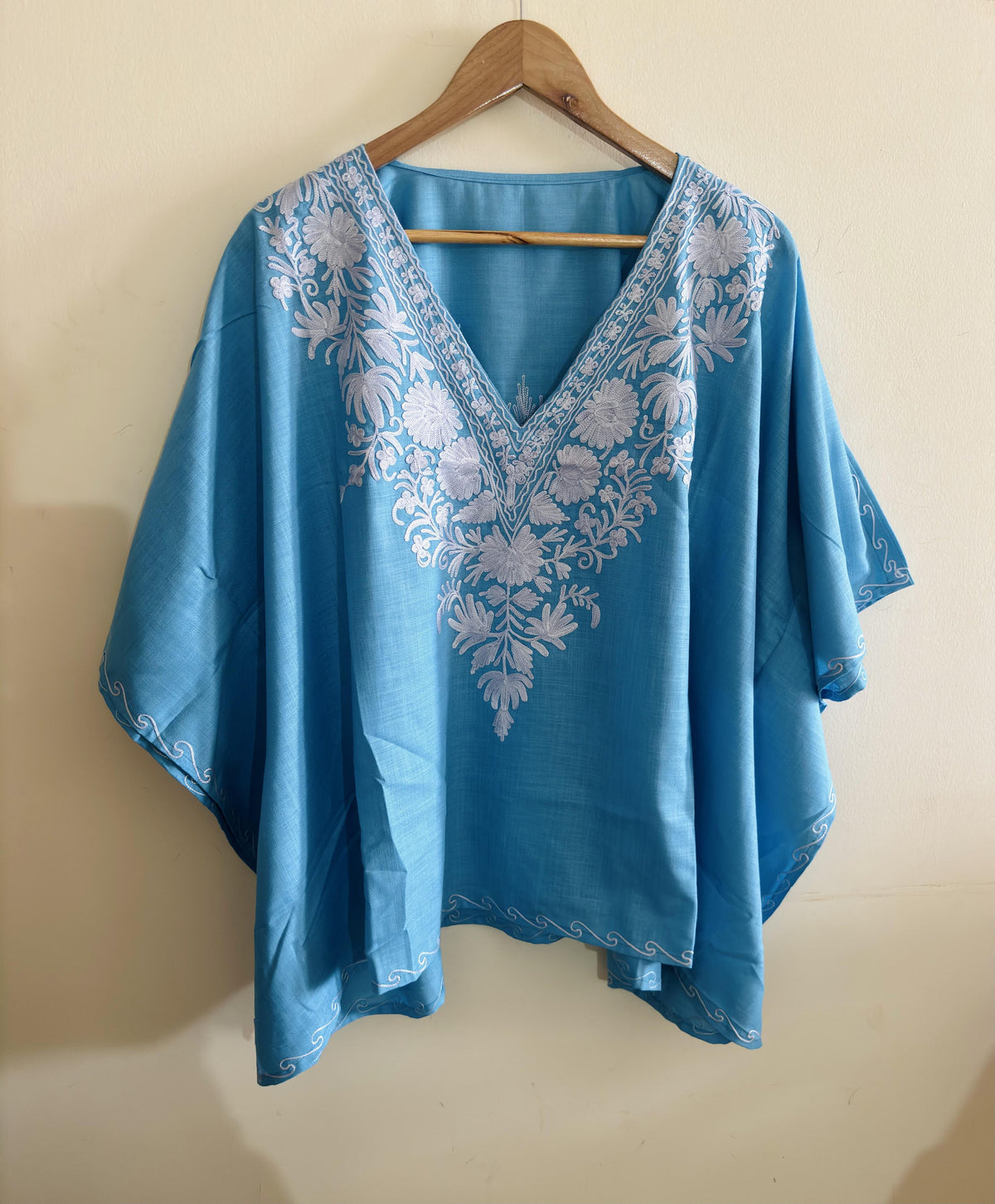 Lailaa Powder Blue Mini Kaftan Top with Aari Embroidery