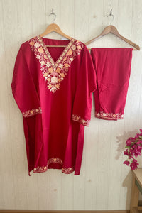 Pamposh Maroon Mutli Color Aari Embroidered Kurta Set – Summer Edition