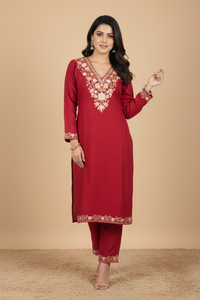 Pamposh Maroon Mutli Color Aari Embroidered Kurta Set – Summer Edition