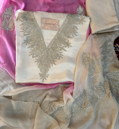 Gulab Zari White Unstitched Suit