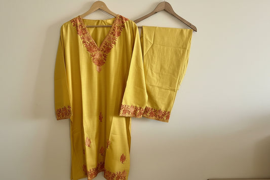 Pamposh Mustard Yellow Mutli Color Aari Embroidered Kurta Set – Summer Edition