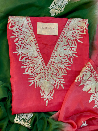 Gulab Zari Coral Pink Unstitched Suit