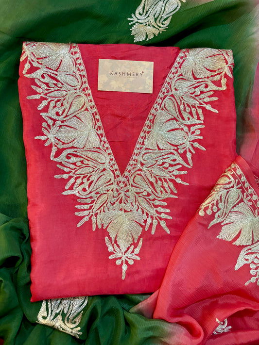 Gulab Zari Coral Pink Unstitched Suit