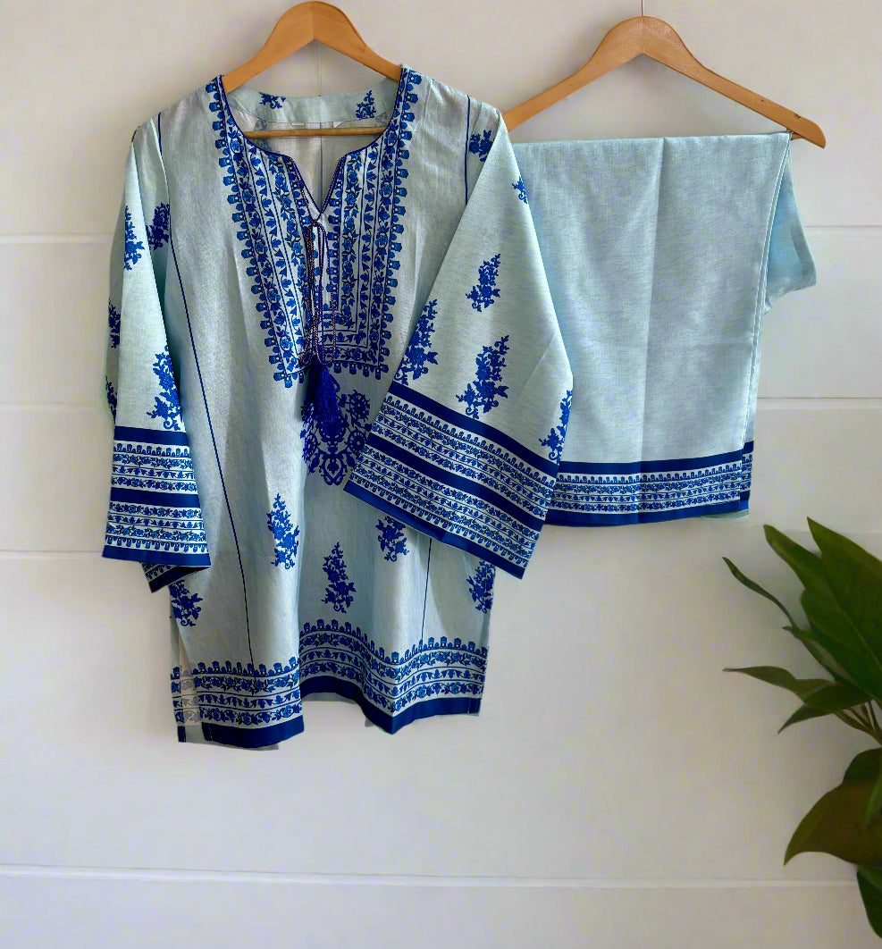 Bahar Powder Blue Linen Kurta Set for Women