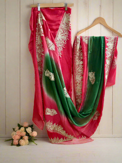 Gulab Zari Coral Pink Unstitched Suit