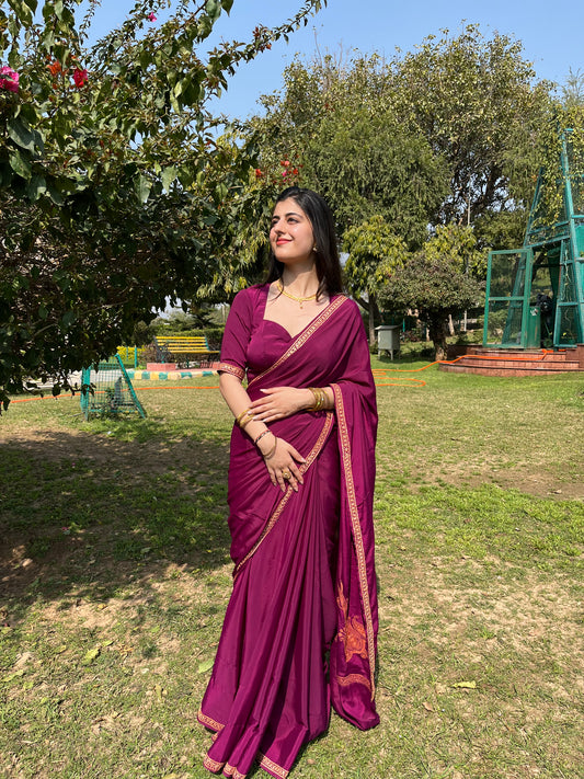 Omang Purple Crepe Saree with Kashmiri Tilla Embroidery