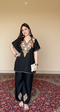 Lailaa Black Short Kaftan Set with Aari Work Embroidery