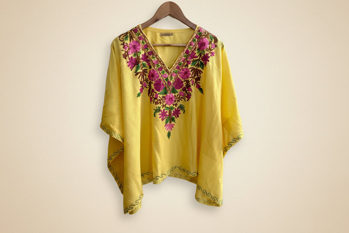 Lailaa Royal Yellow Mini Kaftan Top with Multi Aari Embroidery